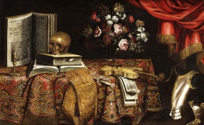 Vanitas Still Life with Violin, Music Book, Flower Vase, and Skull by Pierfrancesco Cittadini